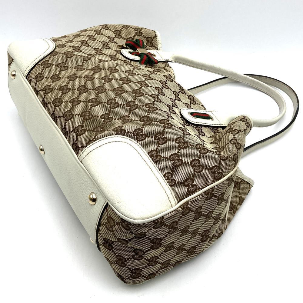 Gucci Princess 163805 Tote Bag, Sherry Line, Horizontal Shoulder Bag, GG Canvas, Brown/White PRE-OWNED