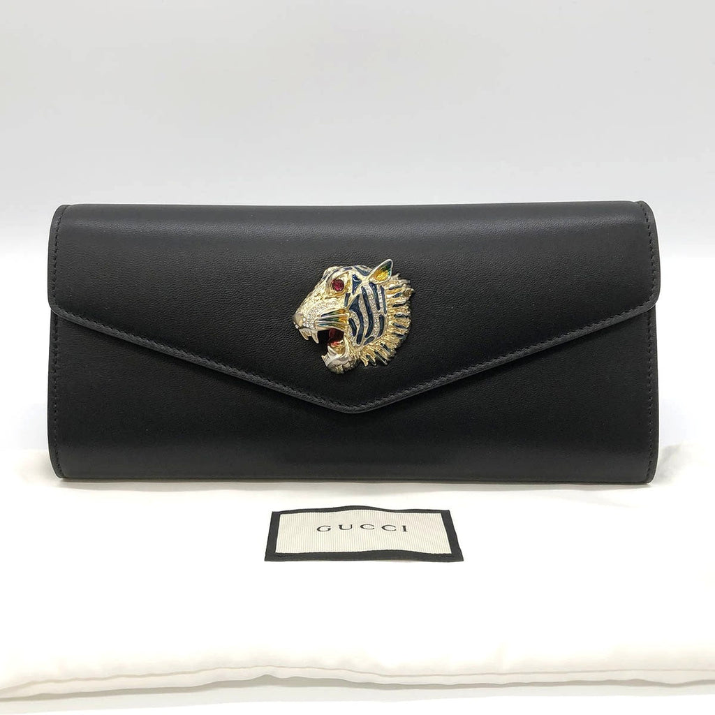 Gucci 576532 Raja Broadway Tiger Clutch Bag Leather Black/Gold Pre-owned