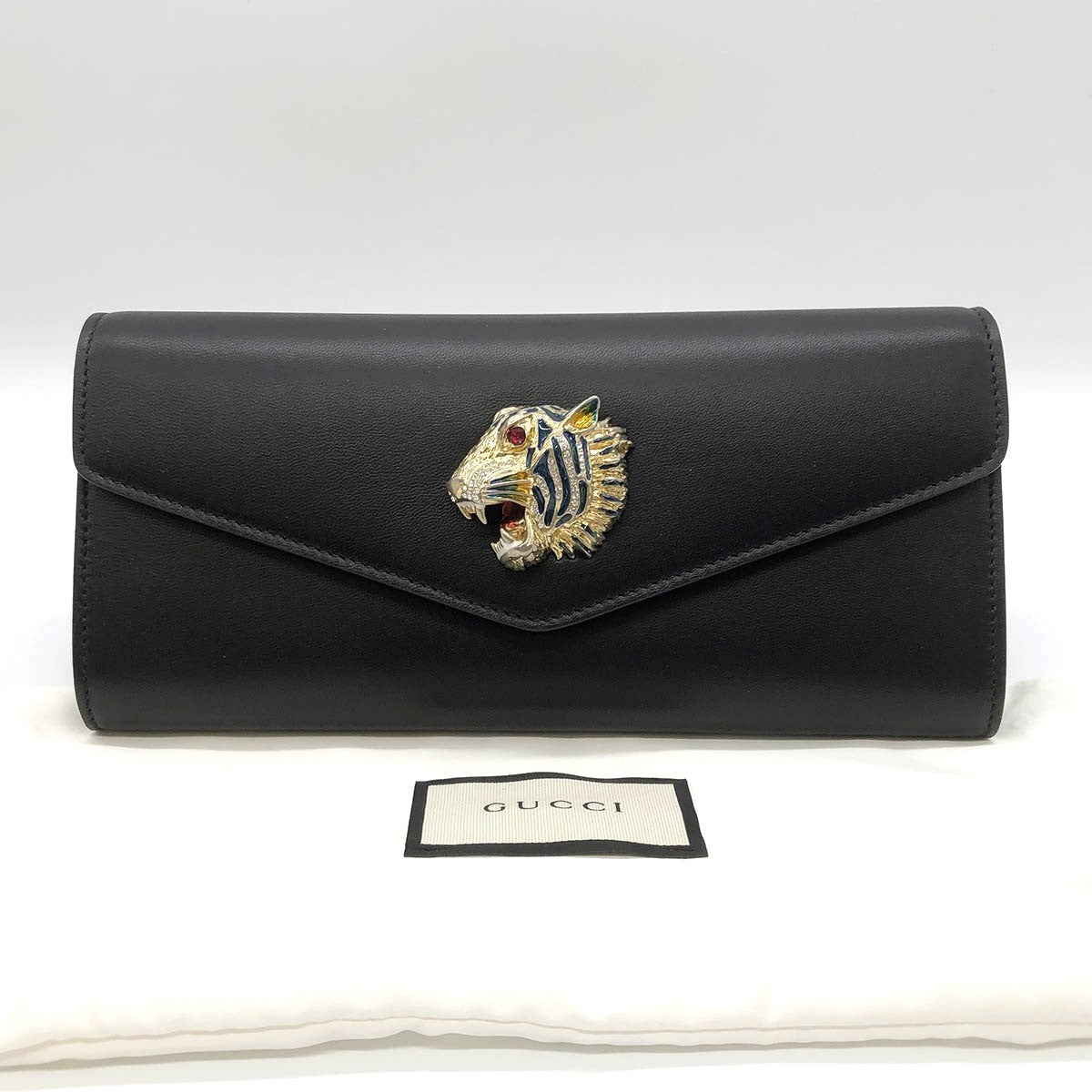 Gucci 576532 Raja Broadway Tiger Clutch Bag Leather Black/Gold Pre-owned