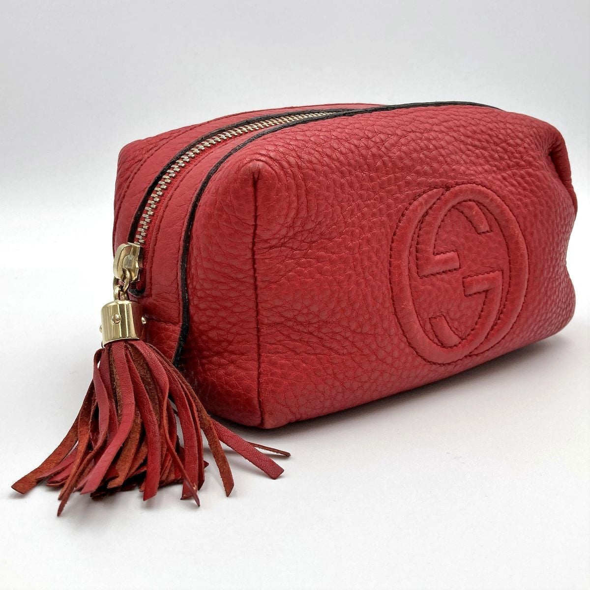 Gucci 308636 Soho Pouch with Tassel and Interlocking G in Red Calfskin Leather PRE-OWNED