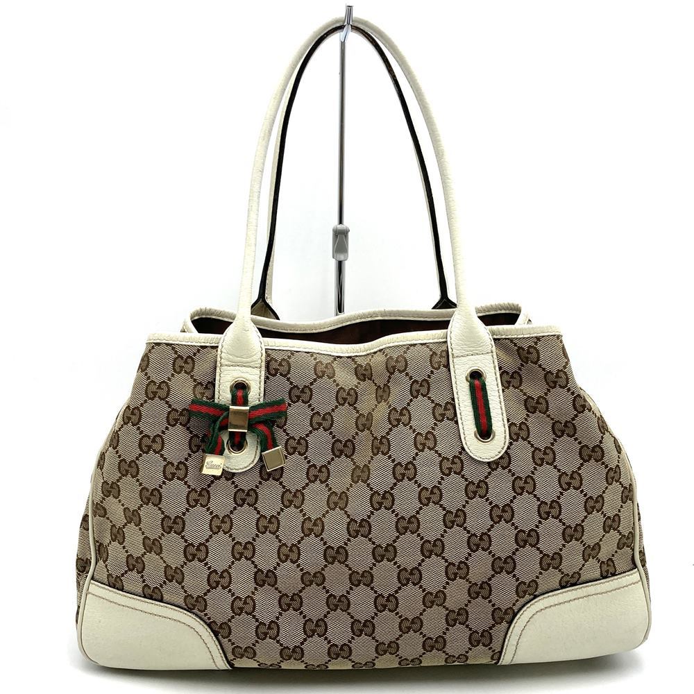 Gucci Princess 163805 Tote Bag, Sherry Line, Horizontal Shoulder Bag, GG Canvas, Brown/White PRE-OWNED