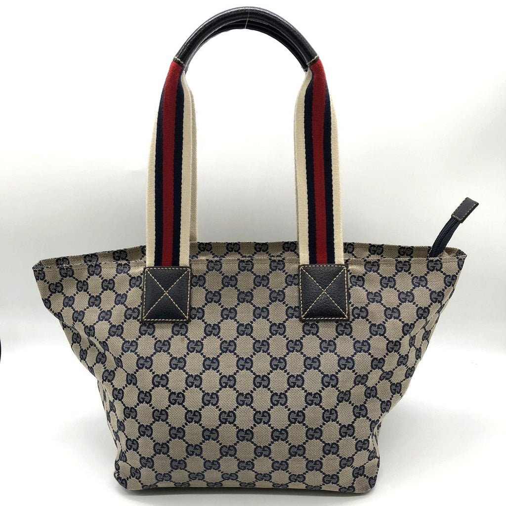 Gucci 131230 Tote Bag Navy Blue GG Canvas/Leather Sherry Line PRE-OWNED