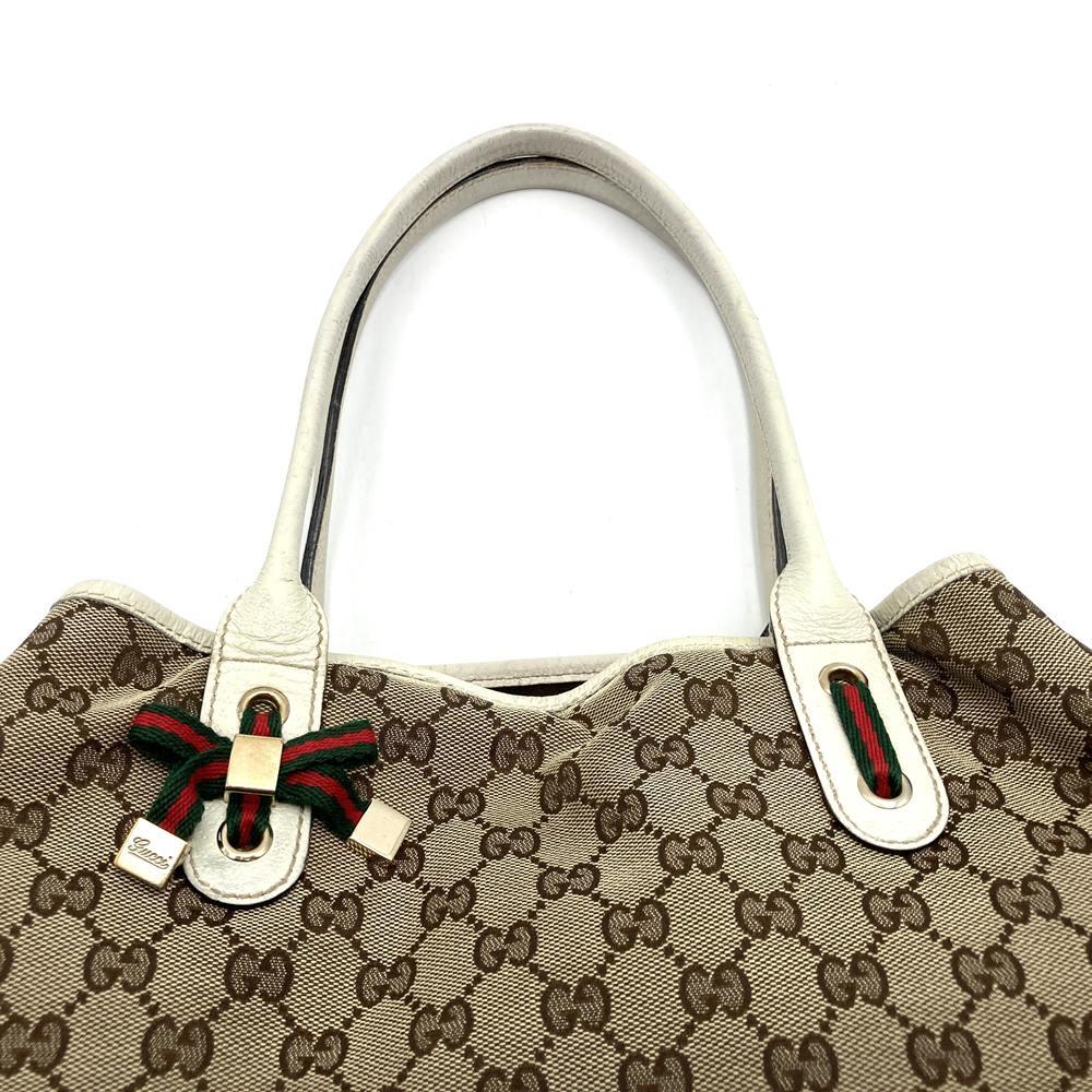 Gucci Princess 163805 Tote Bag, Sherry Line, Horizontal Shoulder Bag, GG Canvas, Brown/White PRE-OWNED