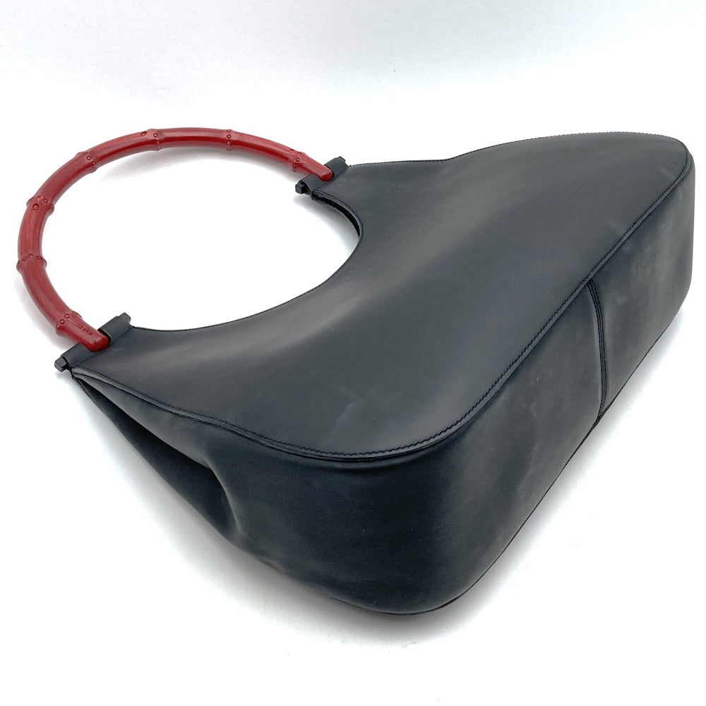 Gucci 001 3739 Bamboo Shoulder Bag Leather Black/Red Pre-owned