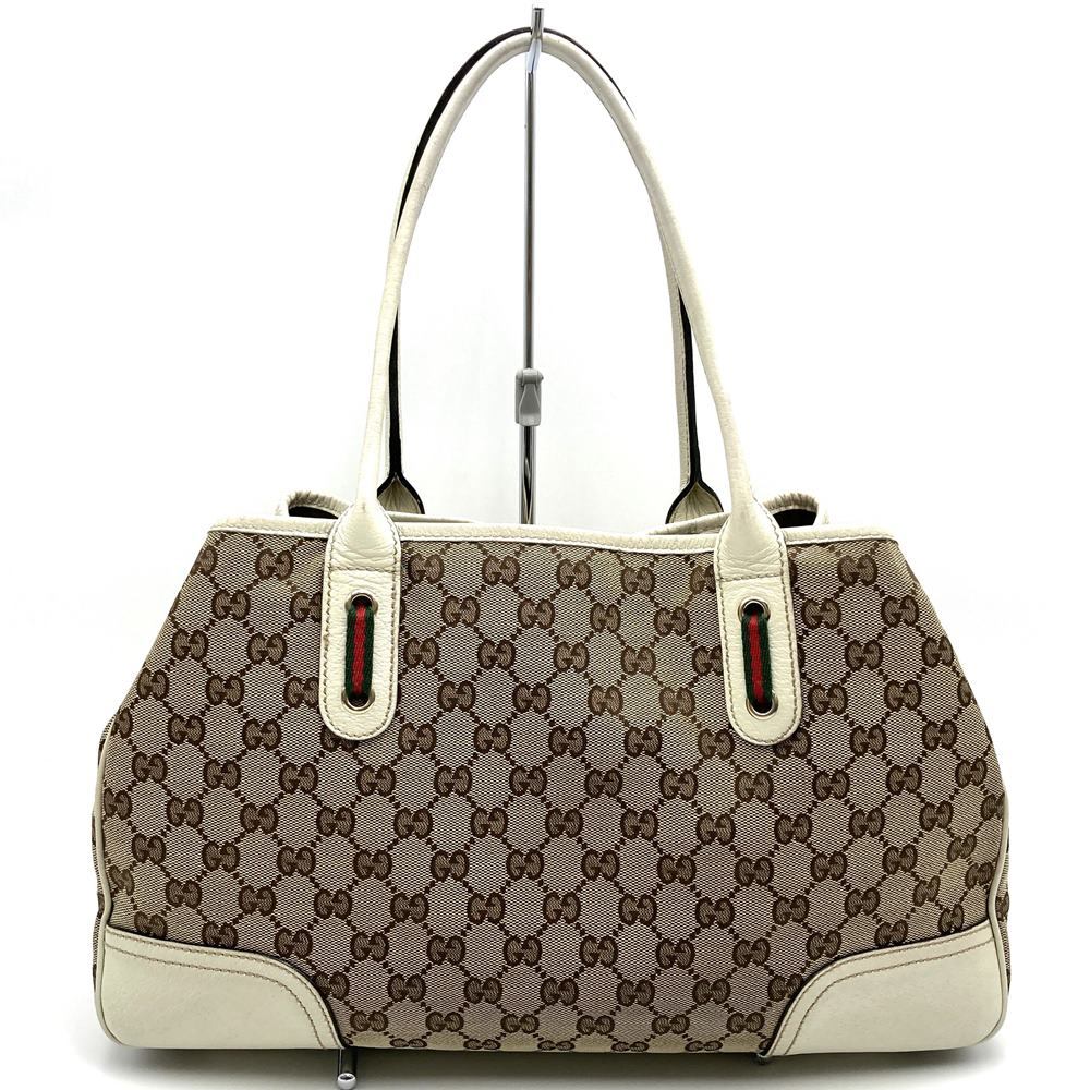 Gucci Princess 163805 Tote Bag, Sherry Line, Horizontal Shoulder Bag, GG Canvas, Brown/White PRE-OWNED