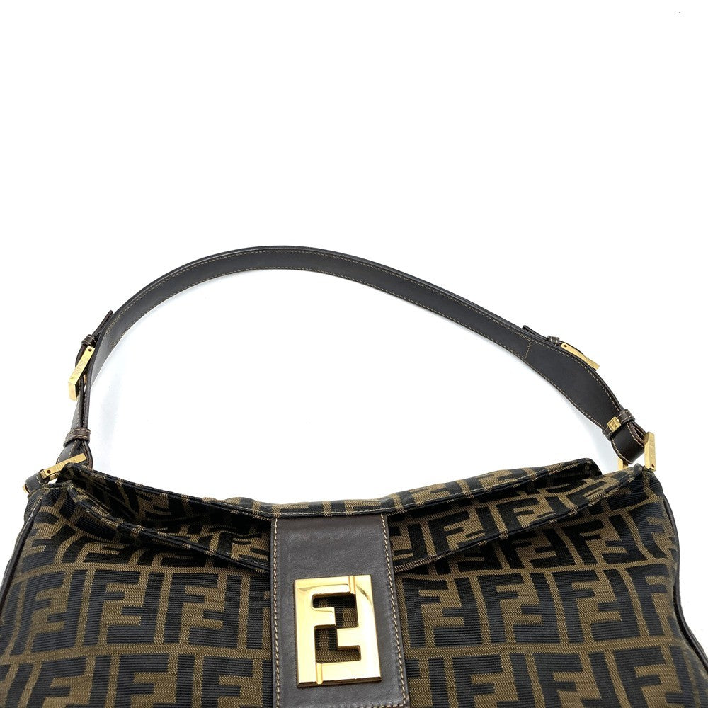 Fendi Zucca FF Logo Shoulder Bag Nylon Canvas Brown Pre-owned