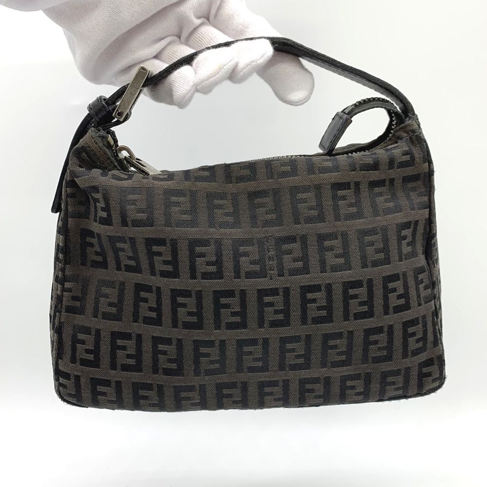Fendi Zucchino Mini Bag Handbag Canvas Leather Brown Black PRE-OWNED