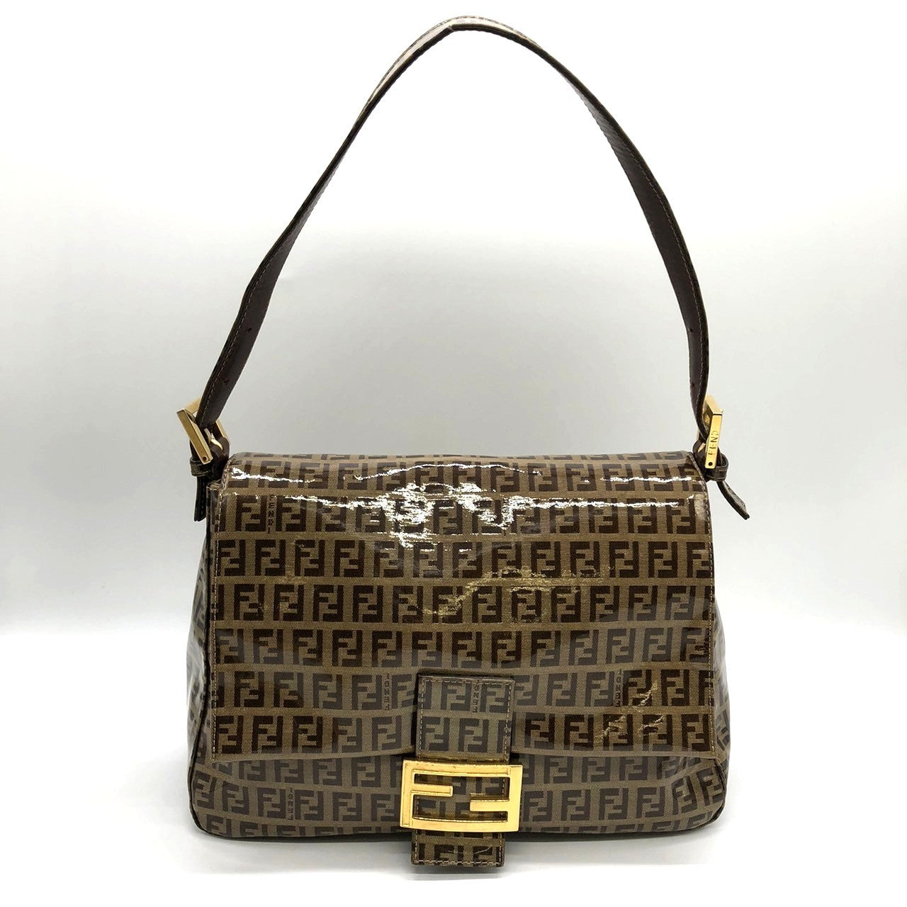 Fendi Mamma Baguette Shoulder Bag in Brown Vinyl/Leather with Zucchino Print PRE-OWNED