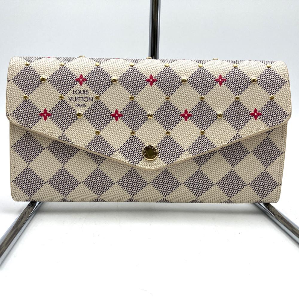 Louis Vuitton N45296 Portefeuille Sarah Bi-fold Long Wallet Damier Azur Canvas Beige/Pink Pre-owned