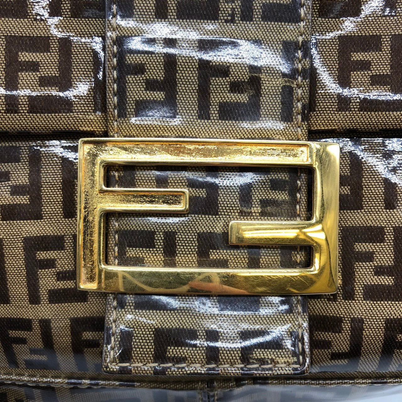 Fendi Mamma Baguette Shoulder Bag in Brown Vinyl/Leather with Zucchino Print PRE-OWNED