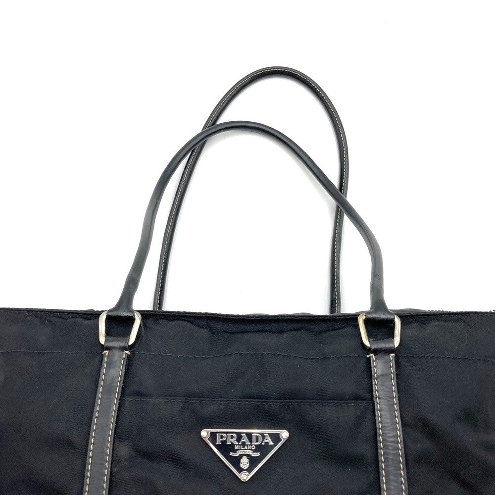 Prada handbag tote bag with triangle logo in nylon/leather, black PRE-OWNED