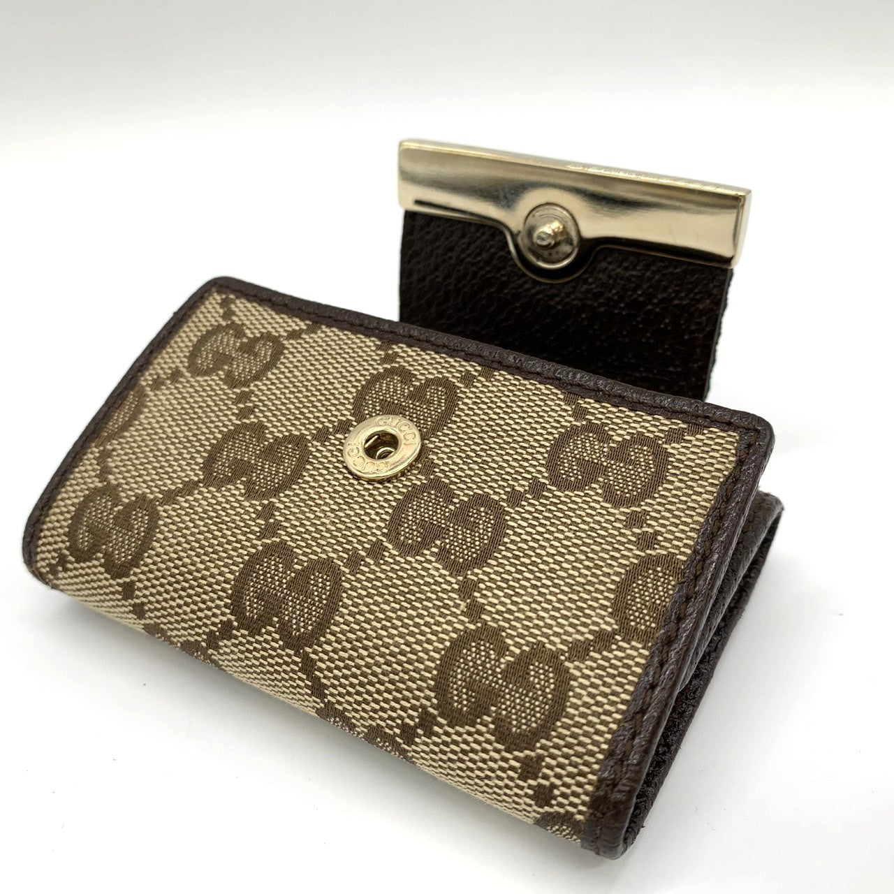 Gucci 181673 Sherry Line Key Case GG Canvas/Leather Brown Pre-owned