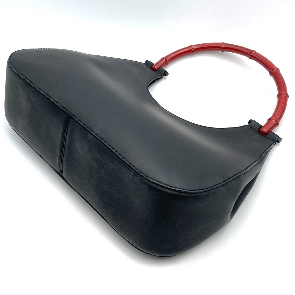 Gucci 001 3739 Bamboo Shoulder Bag Leather Black/Red Pre-owned