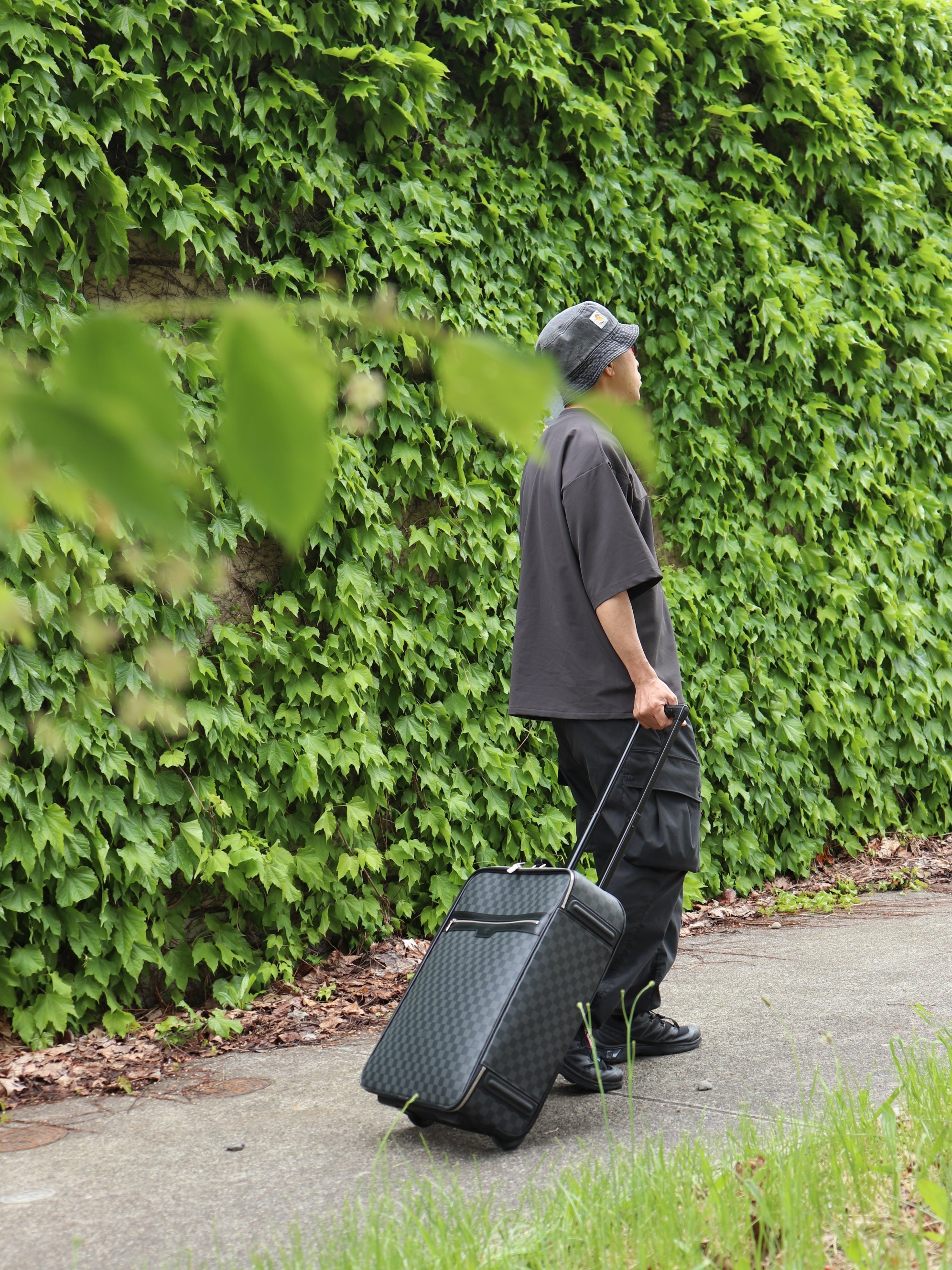A person in a dark gray t-shirt, black cargo pants, and a black cap walks along a paved path while pulling a black quilted rolling suitcase against a lush green ivy-covered wall.