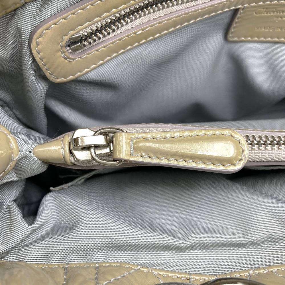 Dior tote bag, shoulder bag, chain strap, beige patent enamel, Cannage design, women's. PRE-OWNED