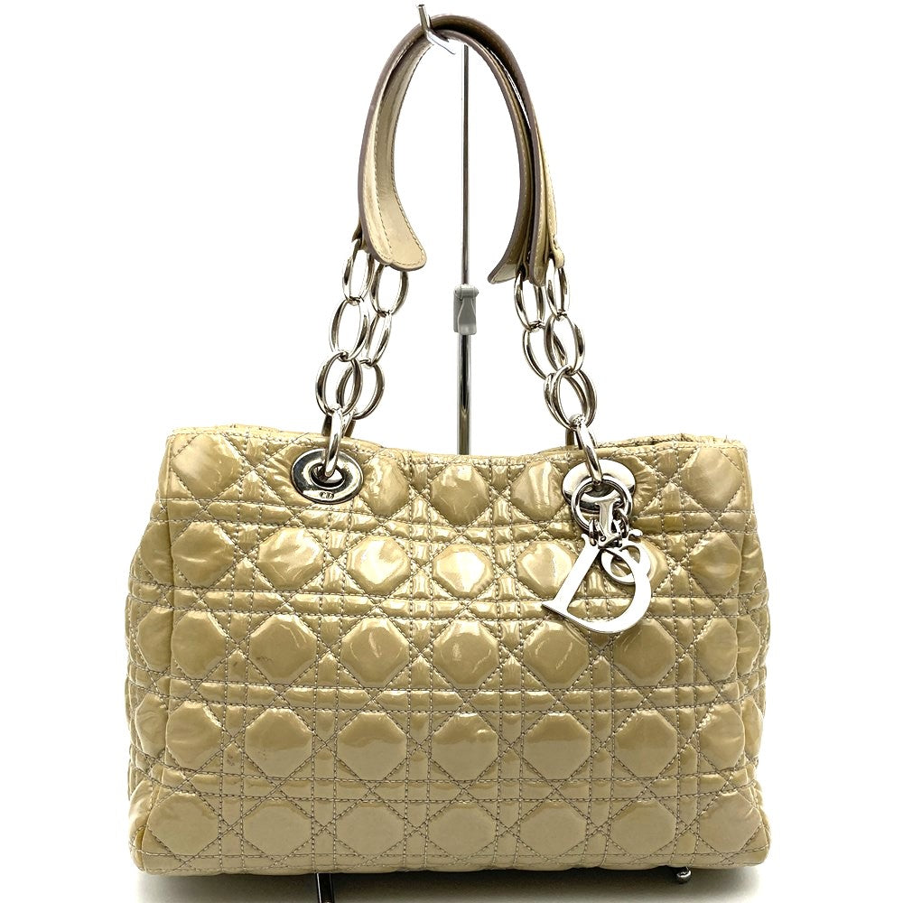 Dior tote bag, shoulder bag, chain strap, beige patent enamel, Cannage design, women's. PRE-OWNED