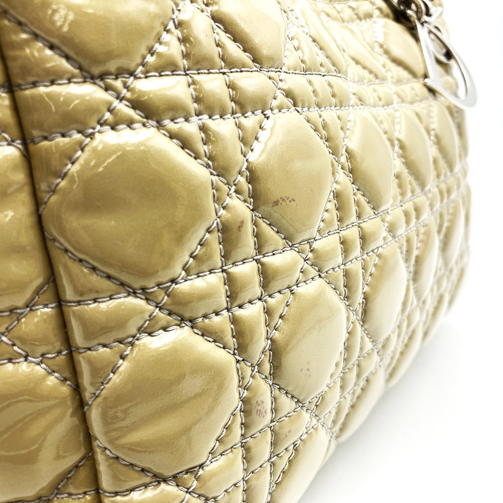 Dior tote bag, shoulder bag, chain strap, beige patent enamel, Cannage design, women's. PRE-OWNED