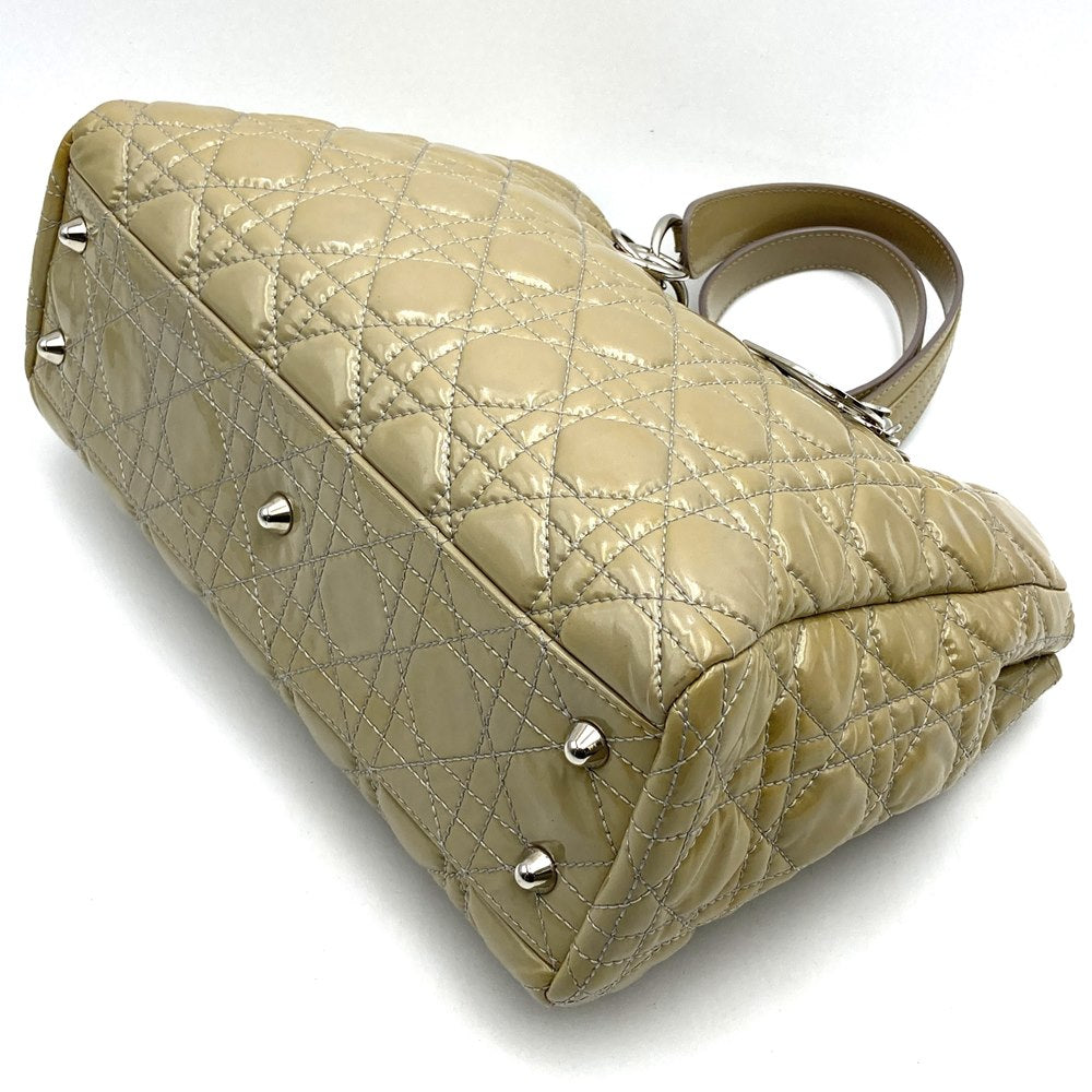 Dior tote bag, shoulder bag, chain strap, beige patent enamel, Cannage design, women's. PRE-OWNED