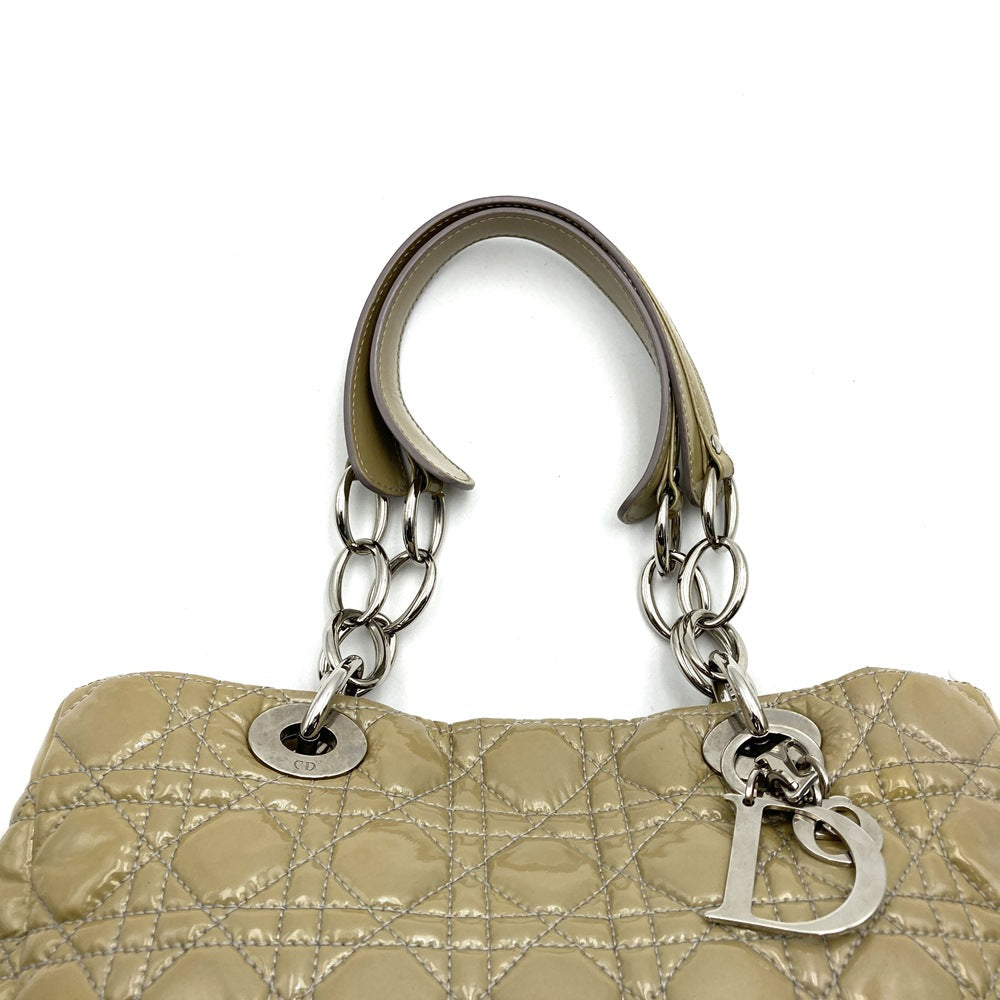 Dior tote bag, shoulder bag, chain strap, beige patent enamel, Cannage design, women's. PRE-OWNED