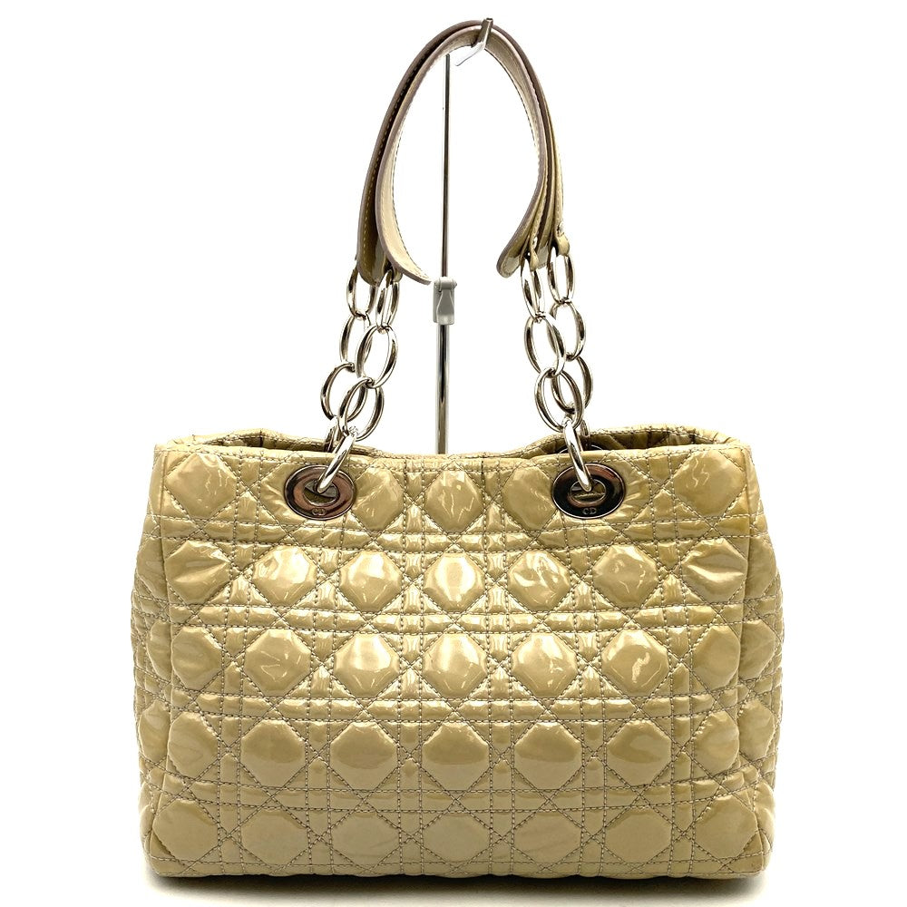 Dior tote bag, shoulder bag, chain strap, beige patent enamel, Cannage design, women's. PRE-OWNED