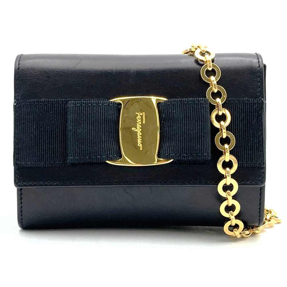 Salvatore Ferragamo AQ213202 Vara Chain Shoulder Bag, Black/Gold Leather, Women's PRE-OWNED
