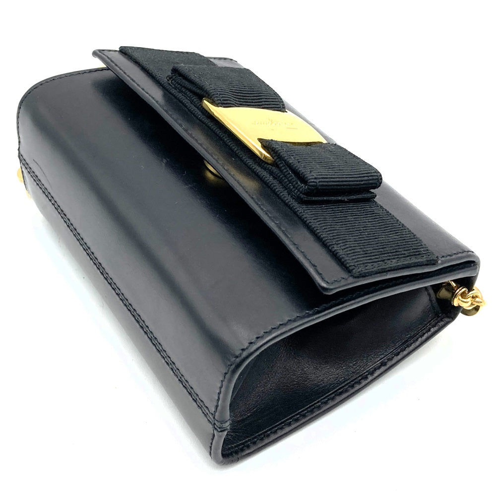 Salvatore Ferragamo AQ213202 Vara Chain Shoulder Bag, Black/Gold Leather, Women's PRE-OWNED