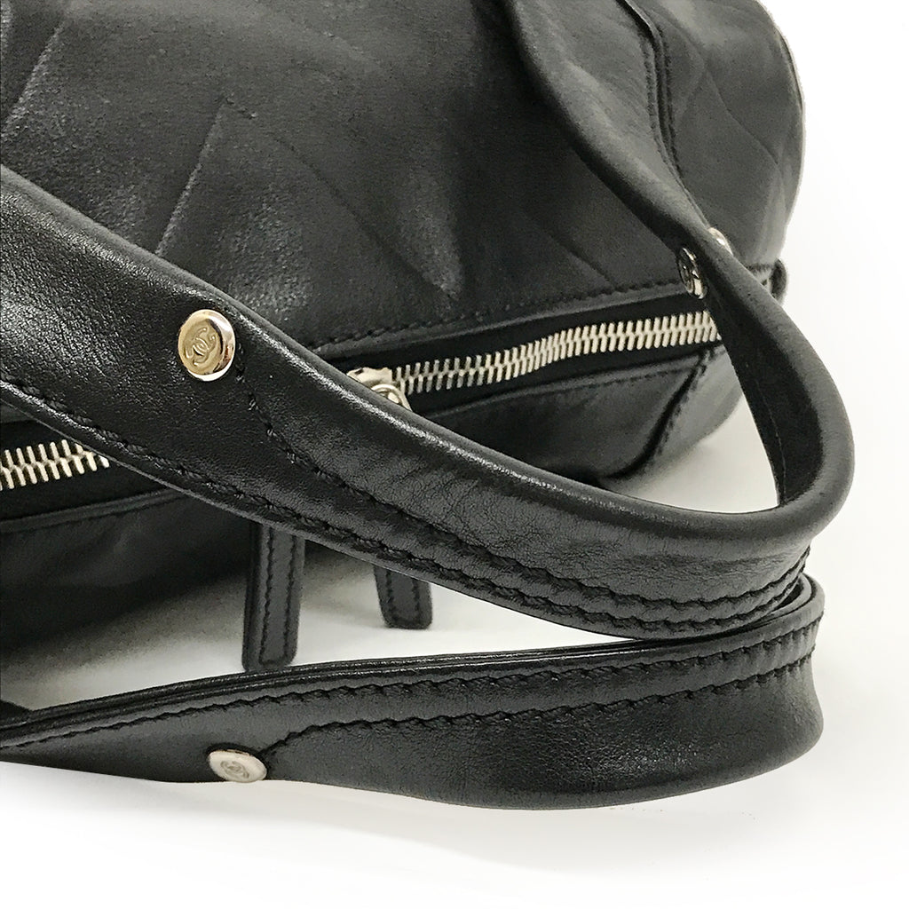 Chanel Chevron Coco Mark Mini Boston Handbag Leather Black Pre-owned
