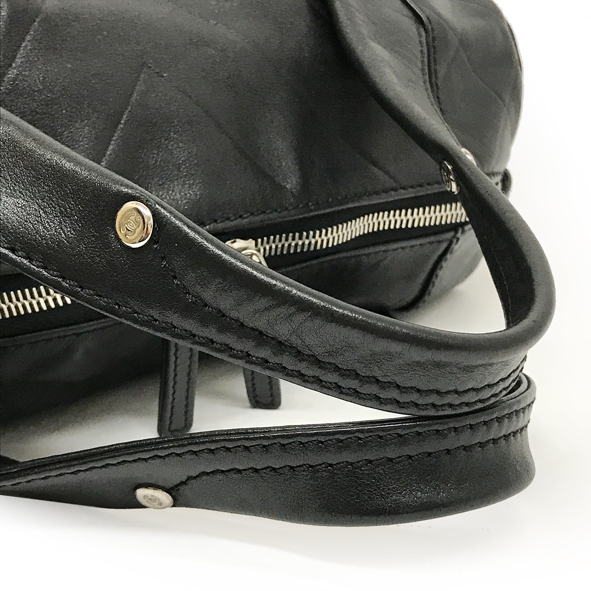 Chanel Chevron Coco Mark Mini Boston Handbag Leather Black Pre-owned