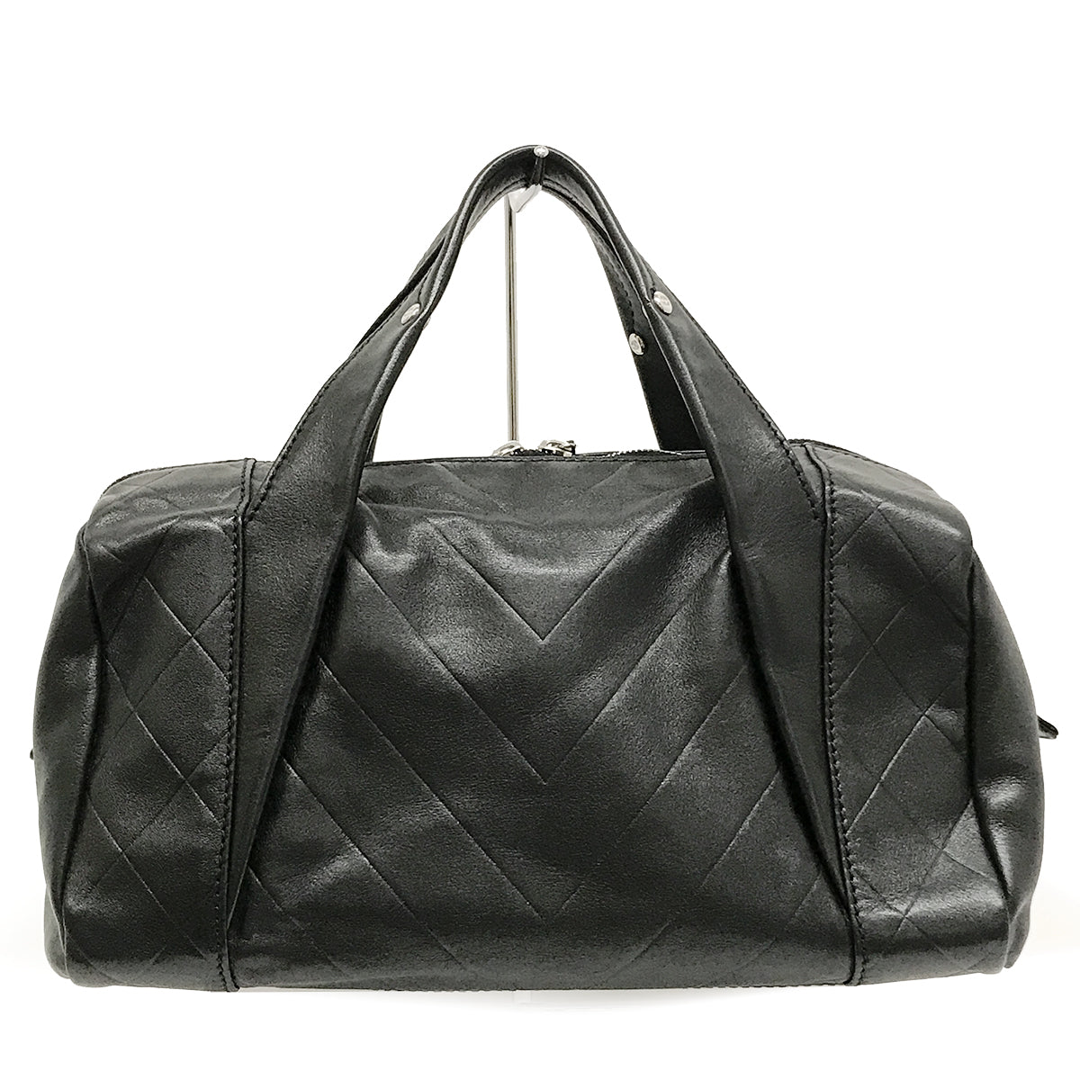 Chanel Chevron Coco Mark Mini Boston Handbag Leather Black Pre-owned