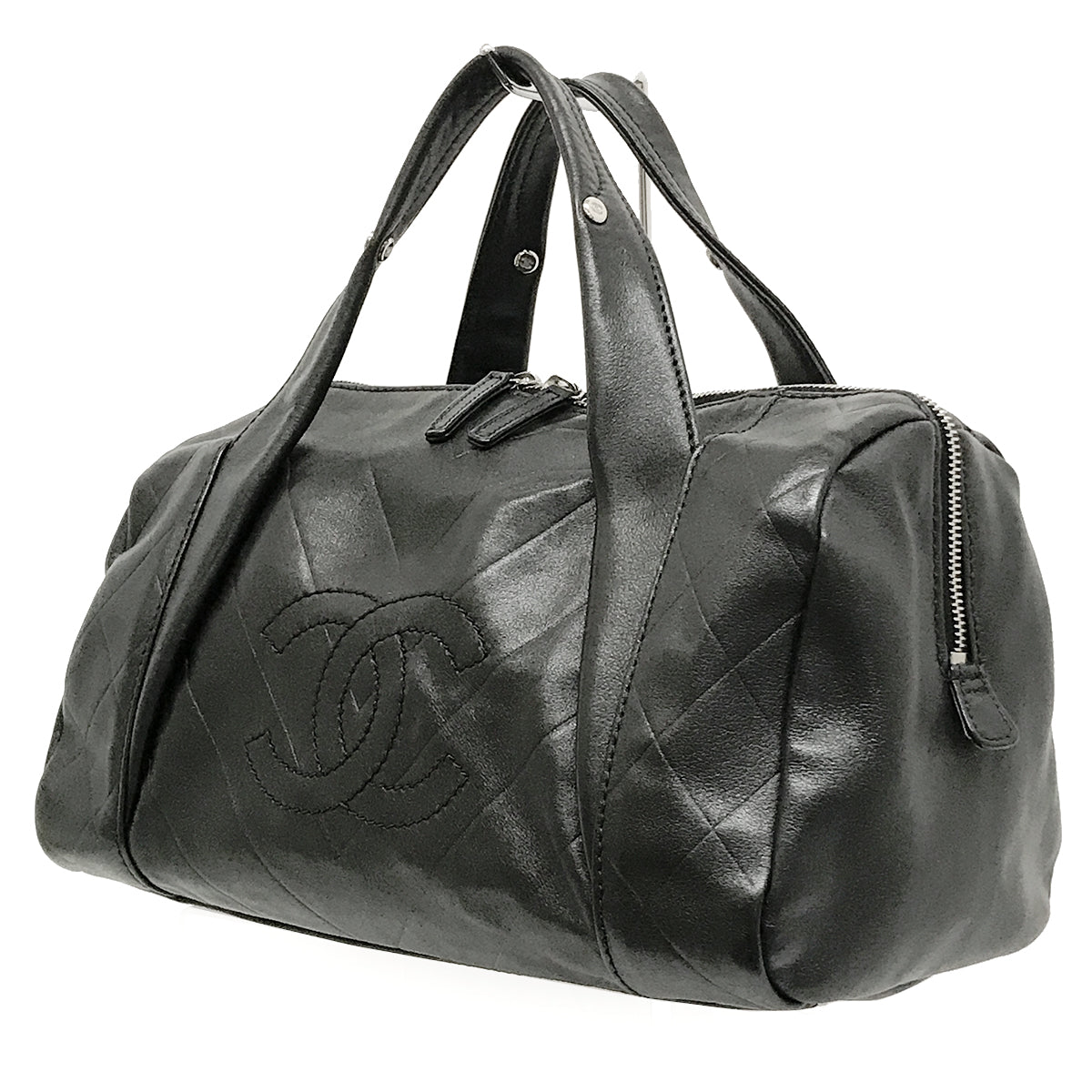 Chanel Chevron Coco Mark Mini Boston Handbag Leather Black Pre-owned