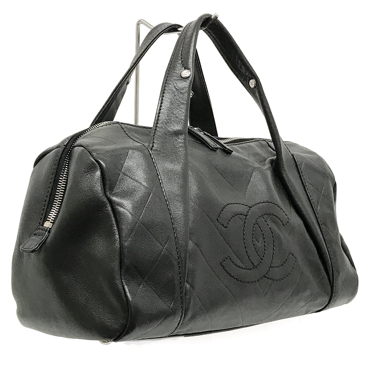 Chanel Chevron Coco Mark Mini Boston Handbag Leather Black Pre-owned