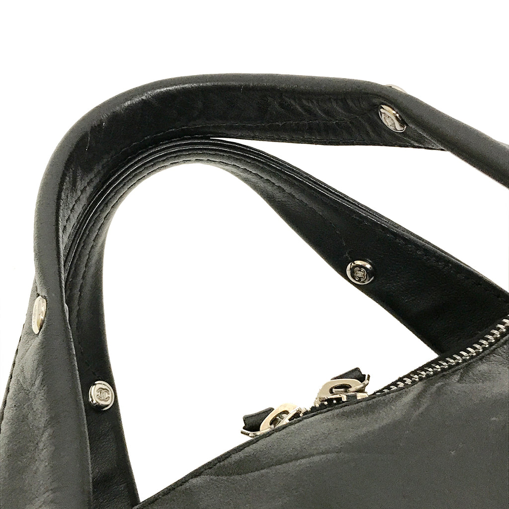 Chanel Chevron Coco Mark Mini Boston Handbag Leather Black Pre-owned