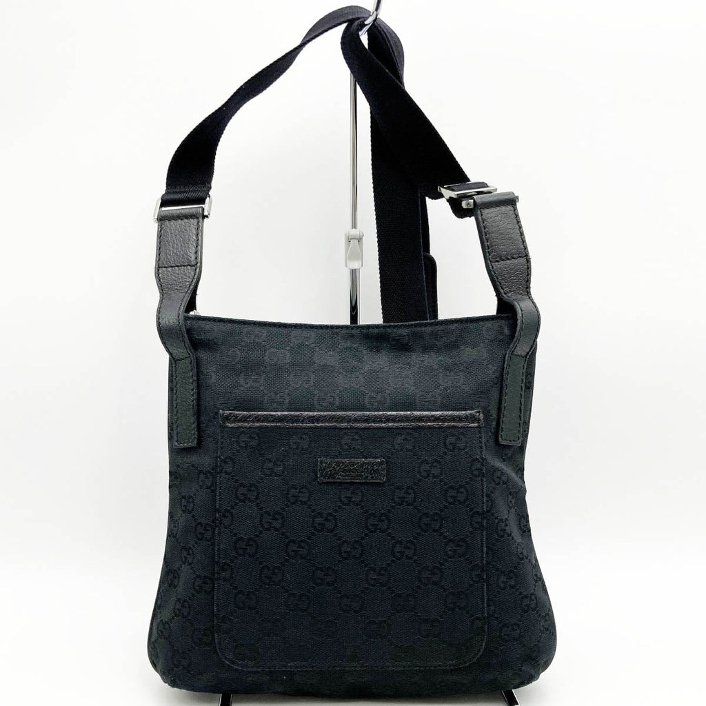 GUCCI 122793 Shoulder Bag, Crossbody Bag, Slim, Black, GG Line, GG Canvas PRE-OWNED