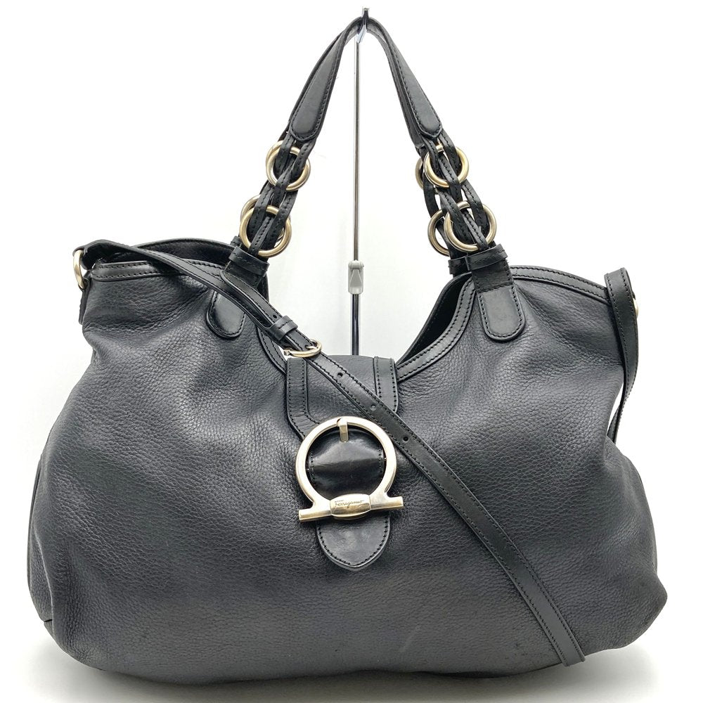 Salvatore Ferragamo Gancini Tote Bag/Shoulder Bag, 2-way, Leather, Black, Women's, Vintage, PRE-OWNED