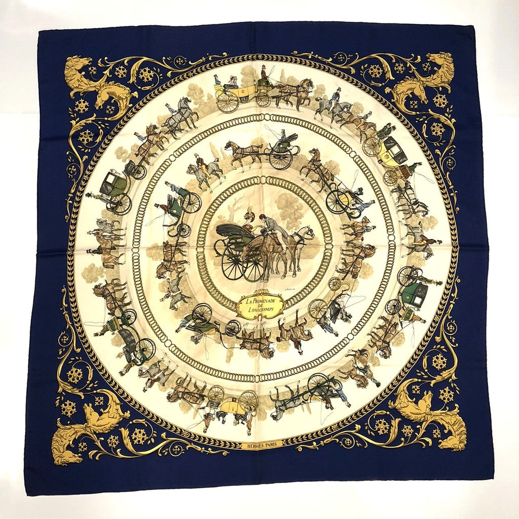 Hermès Carré 90 La Promenade de Longchamps Scarf Silk Navy Pre-owned