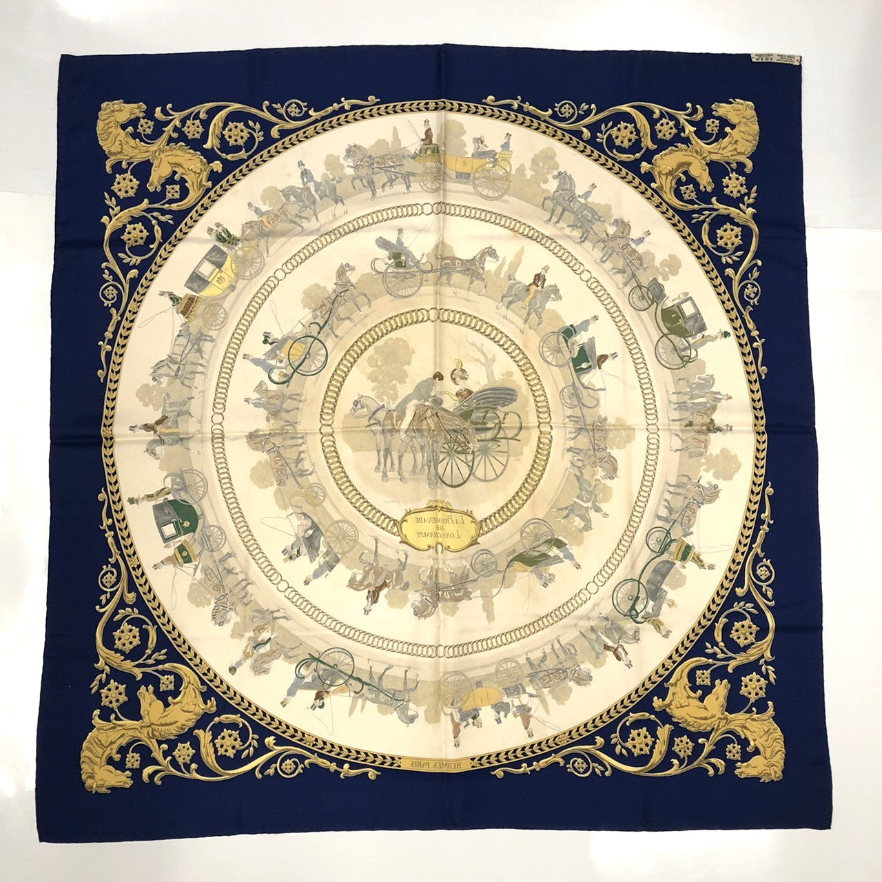 Hermès Carré 90 La Promenade de Longchamps Scarf Silk Navy Pre-owned