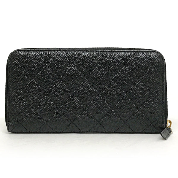 Chanel Matelassé Coco Mark Round Zip Long Wallet Caviar Leather Black Pre-owned