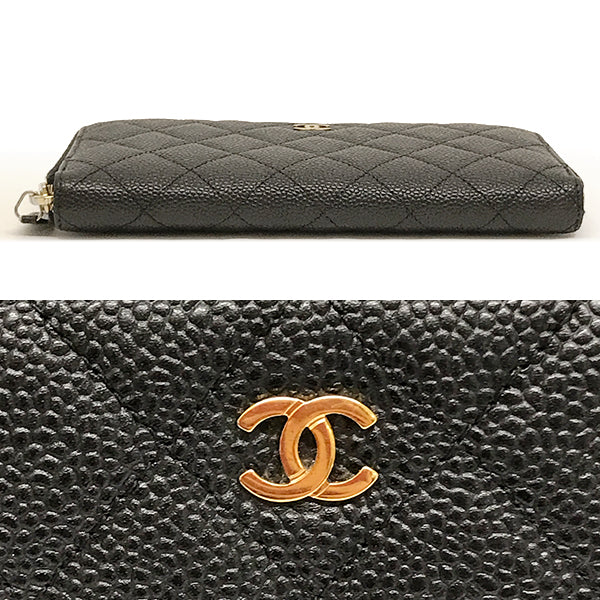 Chanel Matelassé Coco Mark Round Zip Long Wallet Caviar Leather Black Pre-owned