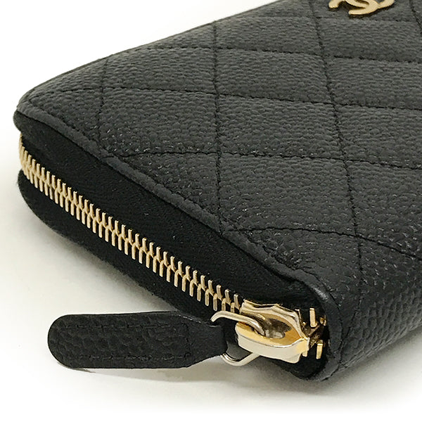 Chanel Matelassé Coco Mark Round Zip Long Wallet Caviar Leather Black Pre-owned