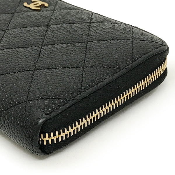 Chanel Matelassé Coco Mark Round Zip Long Wallet Caviar Leather Black Pre-owned