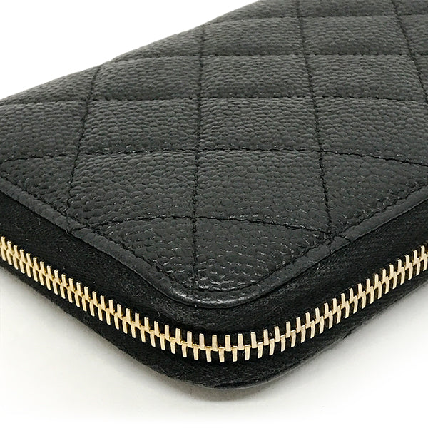 Chanel Matelassé Coco Mark Round Zip Long Wallet Caviar Leather Black Pre-owned