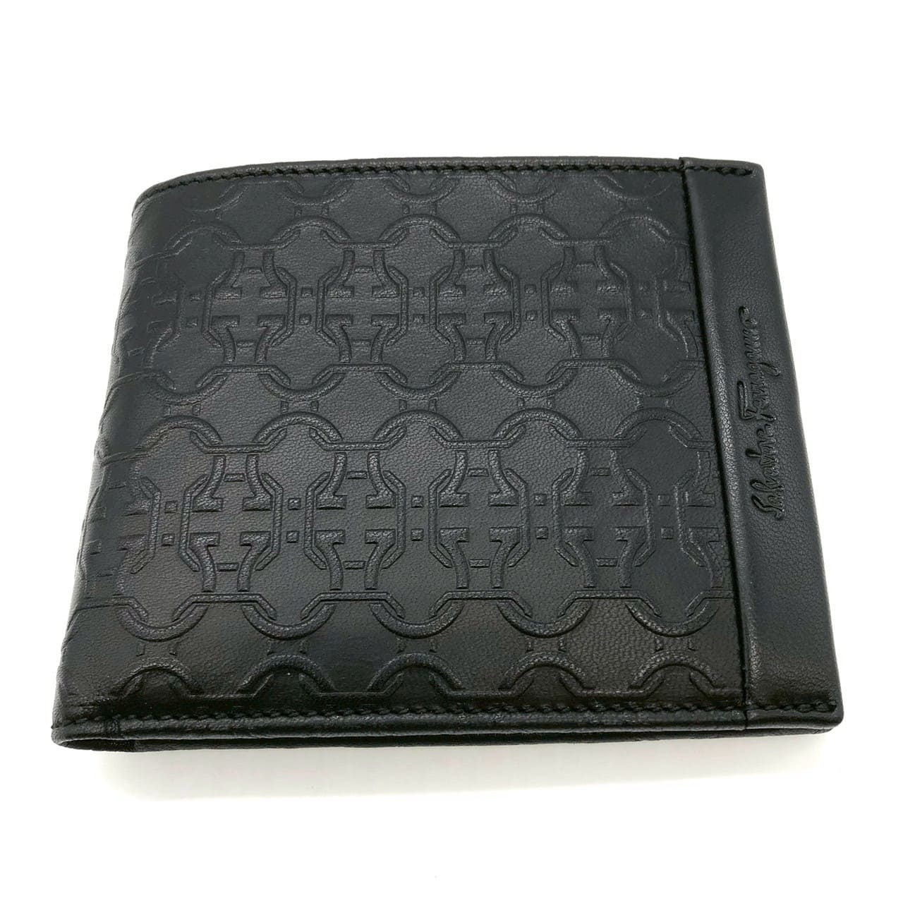 Salvatore Ferragamo Gancini Bi-fold Wallet Leather Black Pre-owned
