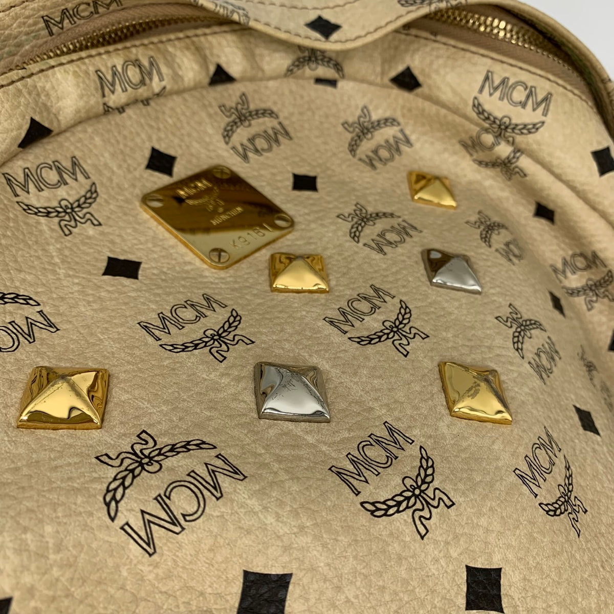 MCM Studded Backpack/Daypack Visetos Leather Beige Pre-owned