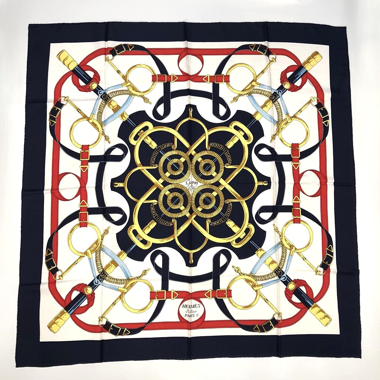 Hermès Carré 90 Éperon d'Or Scarf Silk Navy Pre-owned