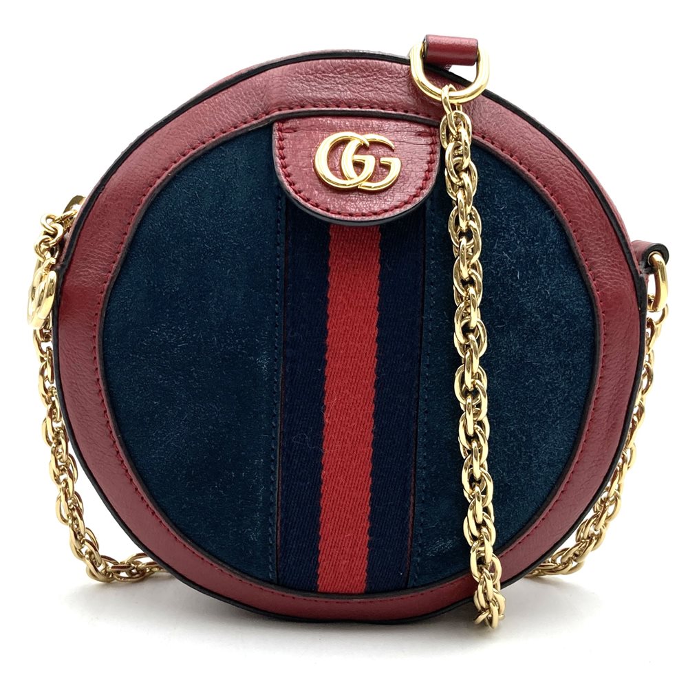 Gucci 550618 GG Marmont Ophidia Mini Round Shoulder Bag Suede/Leather Red/Navy Pre-owned
