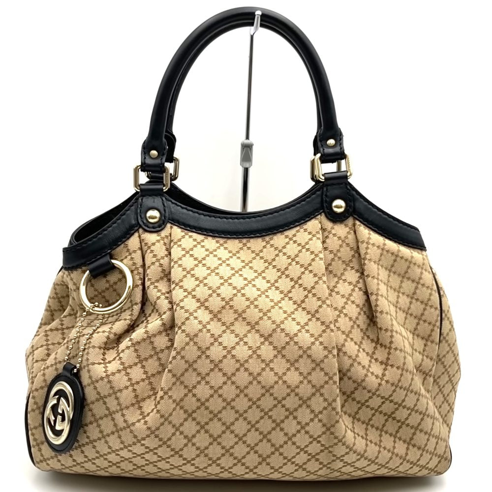 GUCCI 211944 Diamante Tote Bag, Canvas and Leather, Beige and Black, Women's, Brand, PRE-OWNED