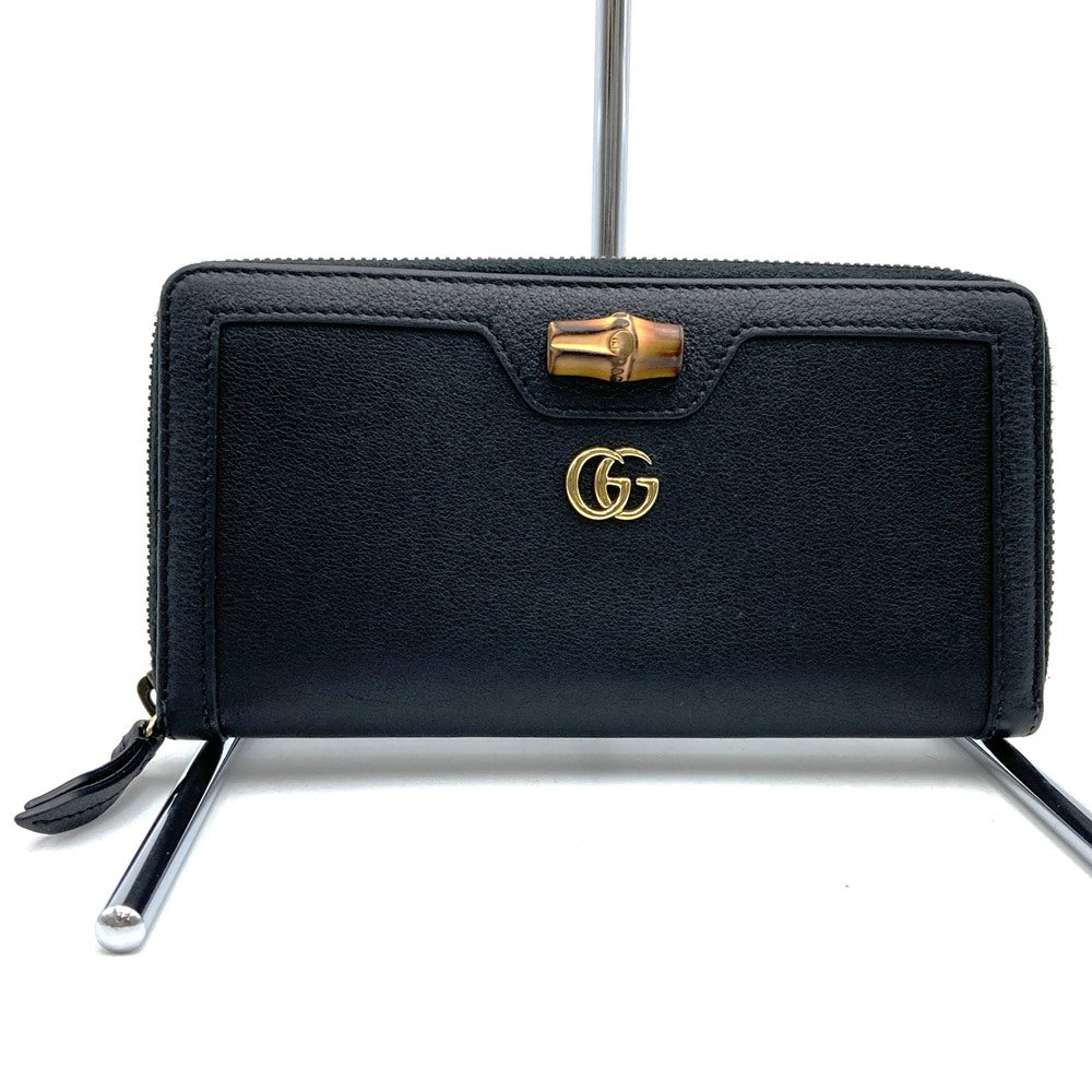 Gucci 658634 Bamboo Double G Round Zip Long Wallet Leather Black Pre-owned