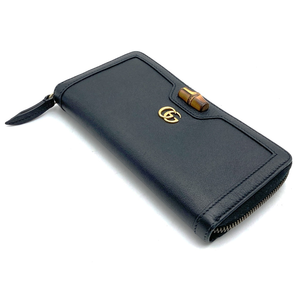 Gucci 658634 Bamboo Double G Round Zip Long Wallet Leather Black Pre-owned