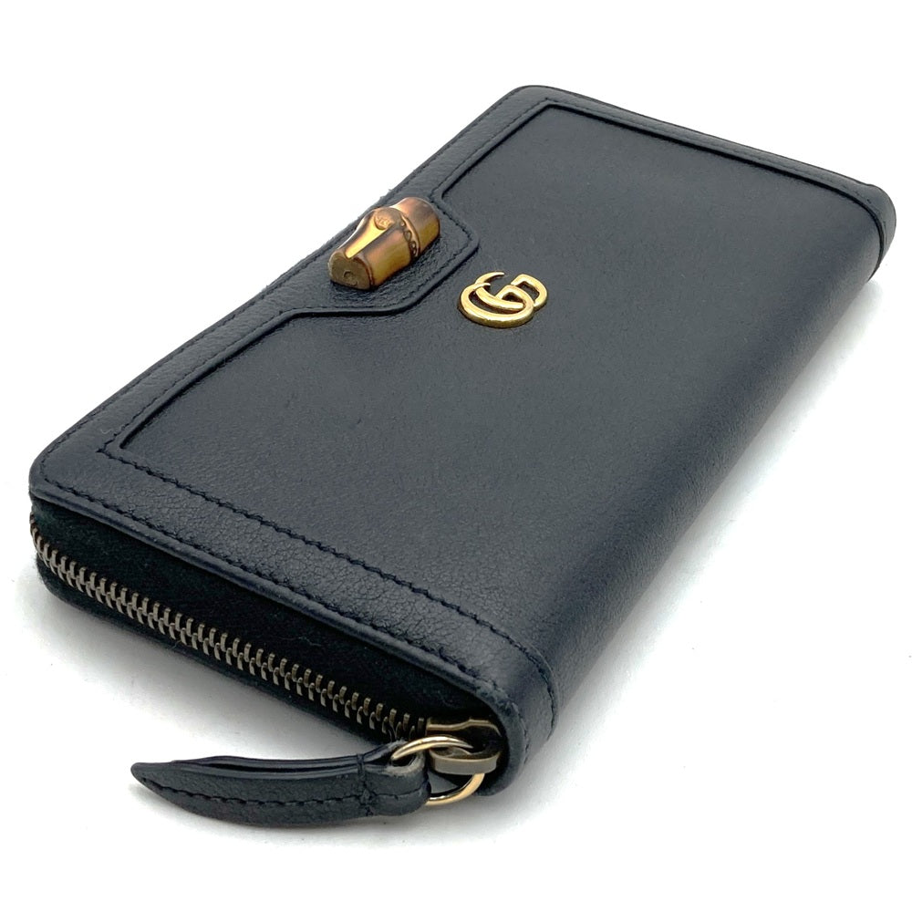 Gucci 658634 Bamboo Double G Round Zip Long Wallet Leather Black Pre-owned