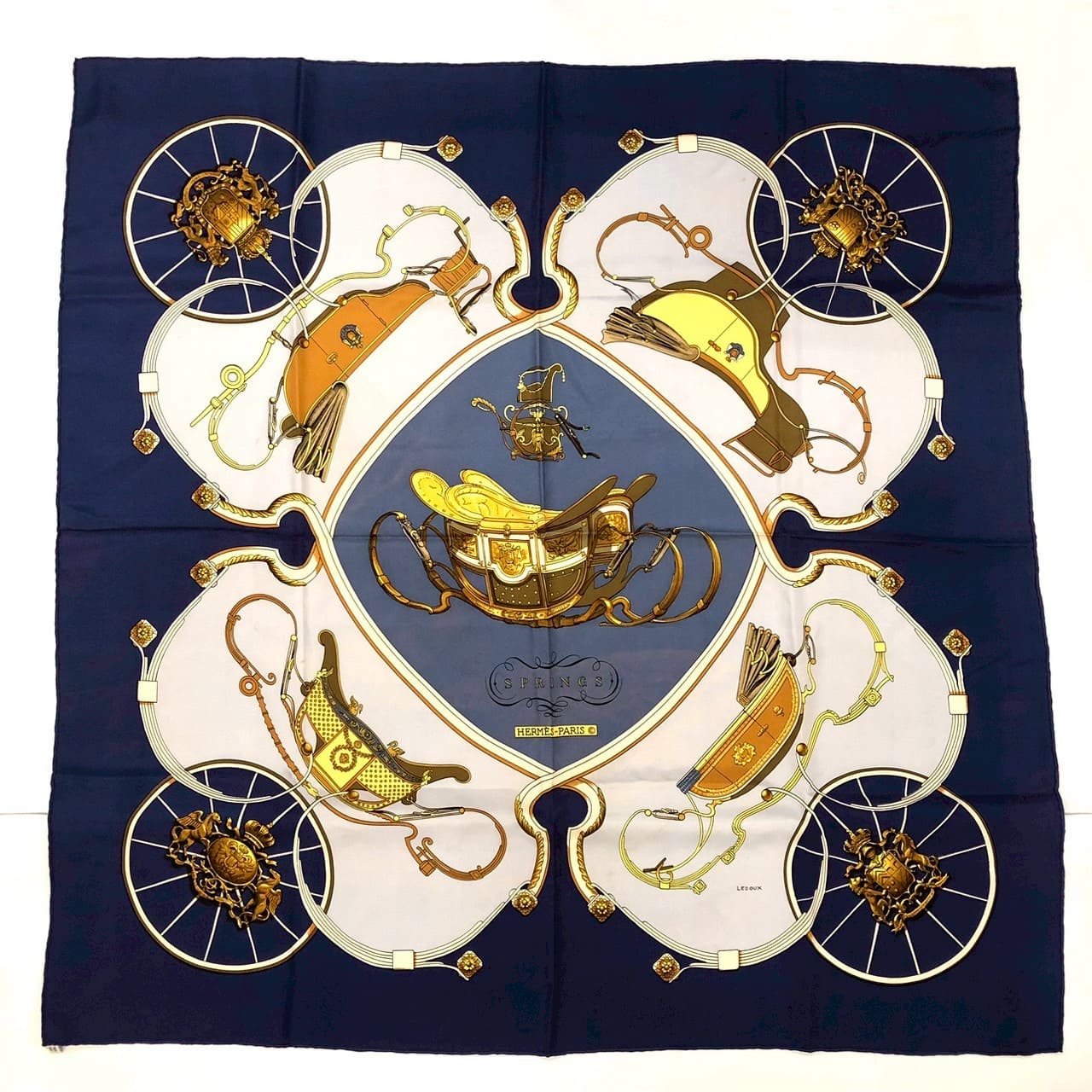 HERMES Carre 90 SPRINGS Scarf, Silk, Navy, Women's, Vintage PRE-OWNED